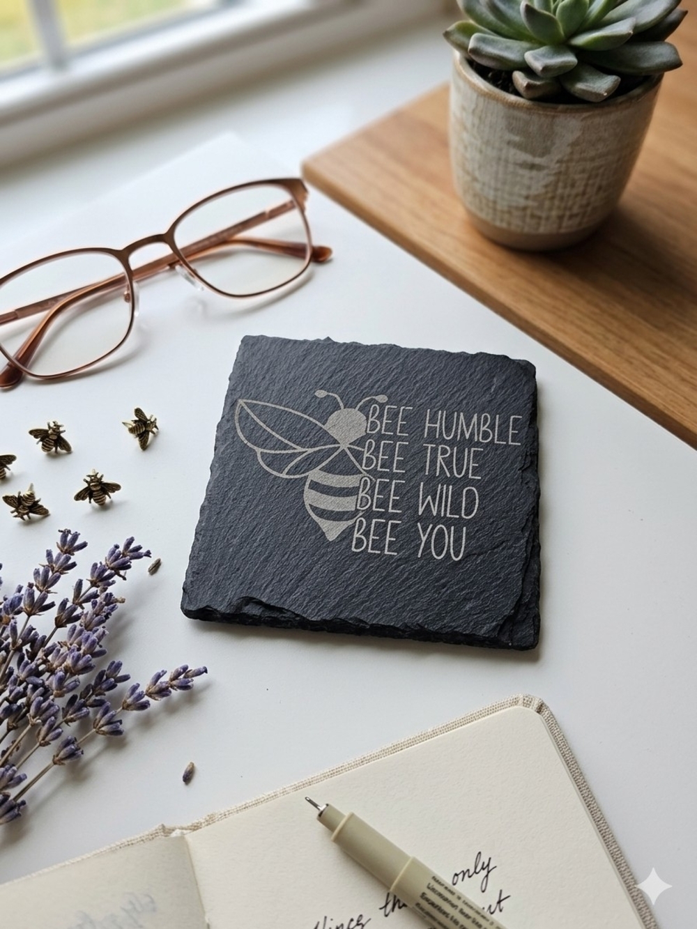 Bee Quote Slate Coaster - Black with White Engraving
